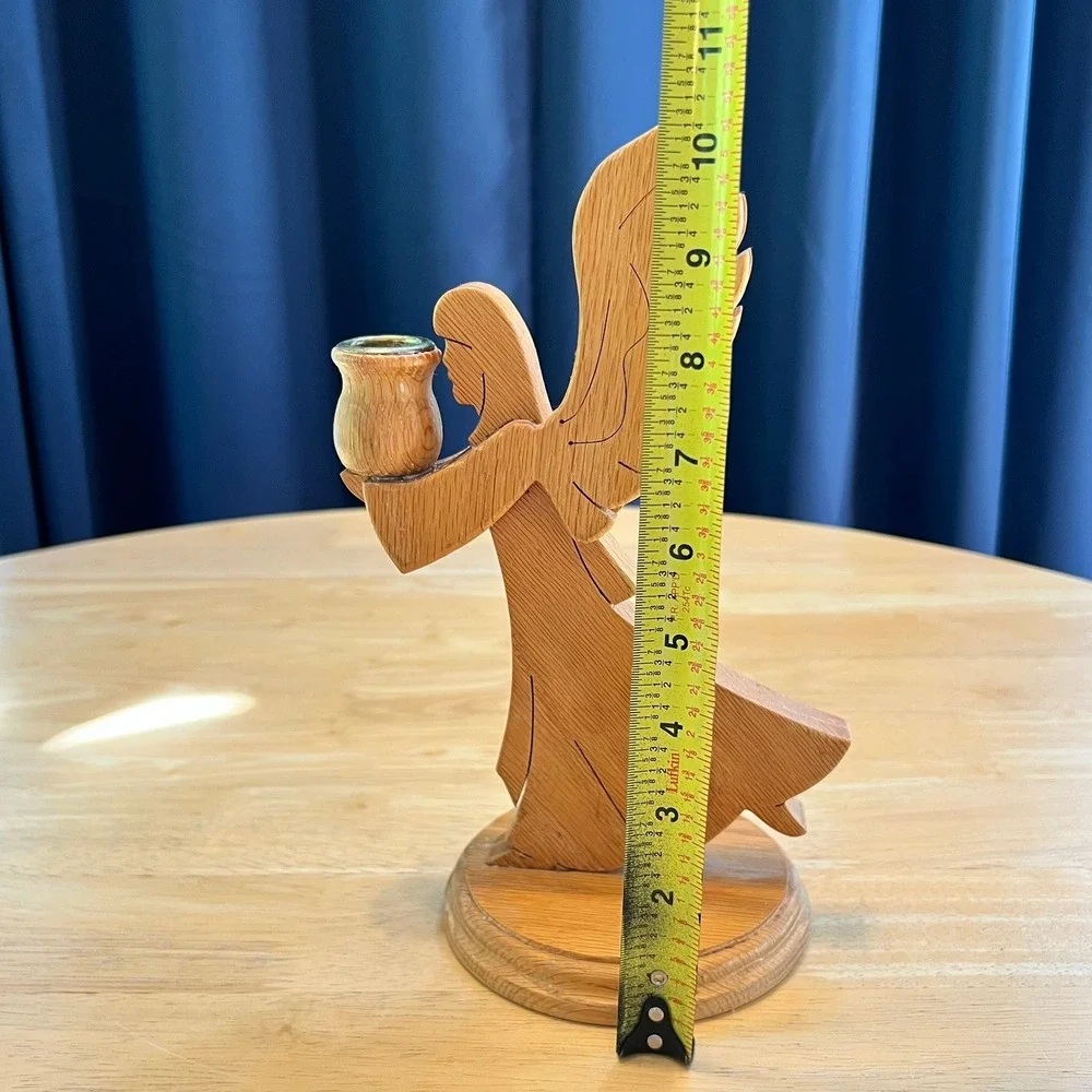 Vintage Handcrafted Solid Oak Wooden Angel Candle Holder - Folk Art